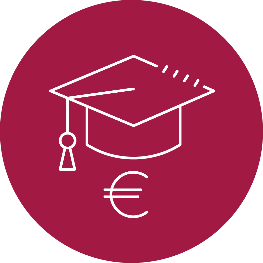 Icon eines Abschlusshuts mit Euro-Symbol als Sinnbild für Ausbildungsbudget und finanzielle Unterstützung bei Weiterbildungen.