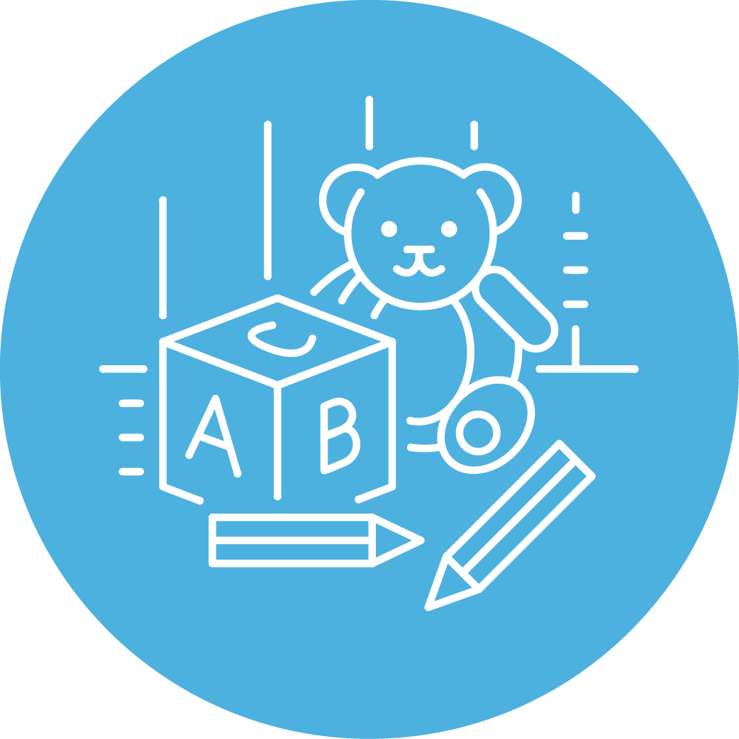 Icon mit Teddybär, Bauklotz und Stiften als Symbol für einen Betriebskindergarten und die Kinderbetreuung.