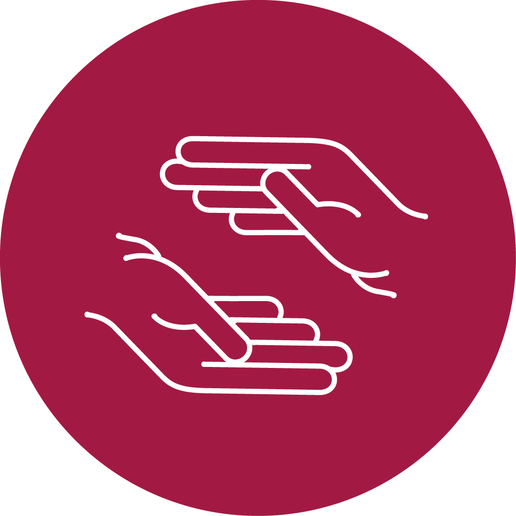 Icon mit zwei einander entgegenstreckenden Händen als Symbol für das Buddy Network und die Unterstützung neuer Mitarbeiter:innen beim Onboarding.