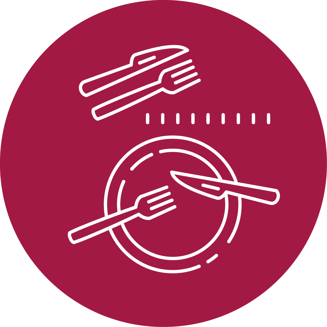 Icon mit Besteck und Teller als Symbol für einen Essenszuschuss oder die finanzielle Unterstützung von Mahlzeiten.