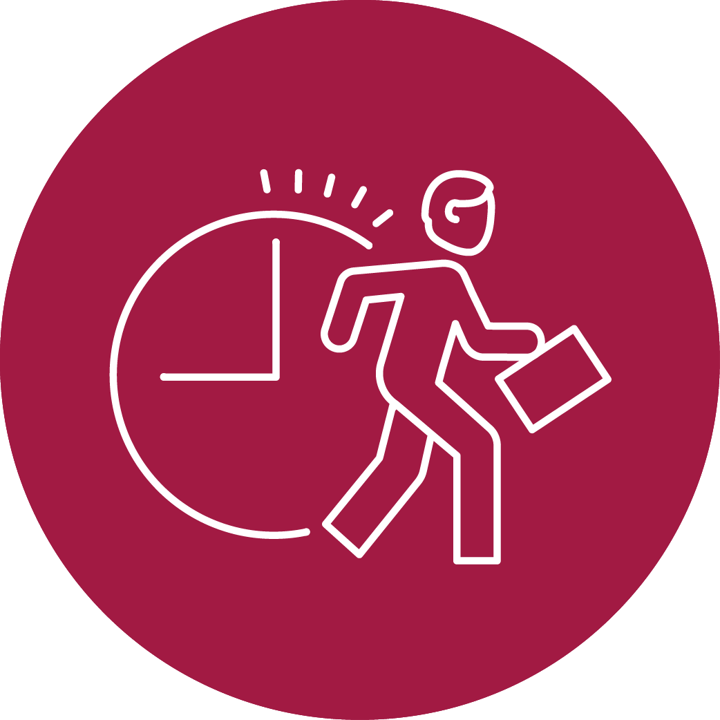 Icon einer Person mit Aktentasche neben einer Uhr als Symbol für flexible Arbeitszeiten und eine flexible Arbeitszeitgestaltung.