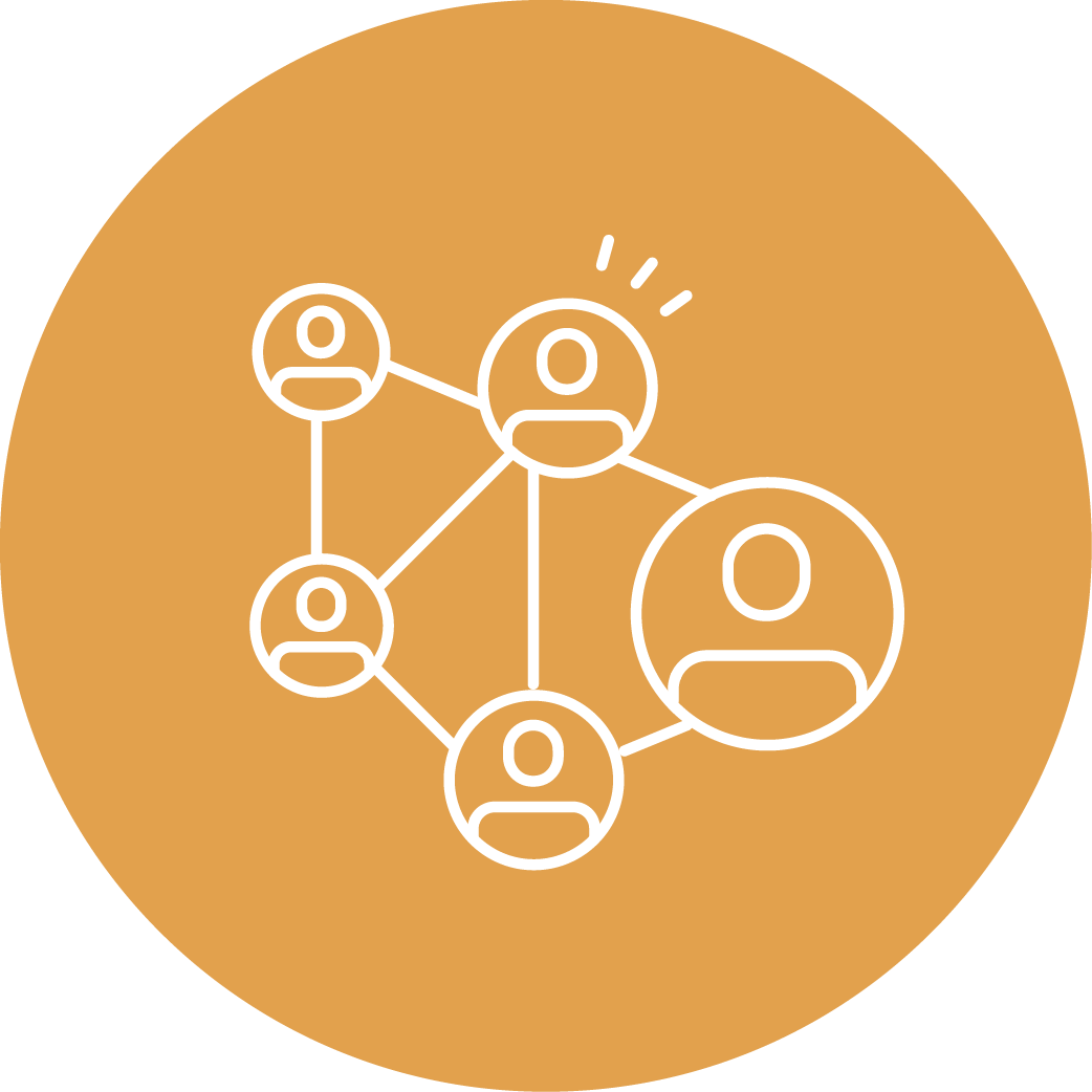 Icon mit mehreren verbundenen Personen als Symbol für Netzwerke, Community und den bereichsübergreifenden Austausch.