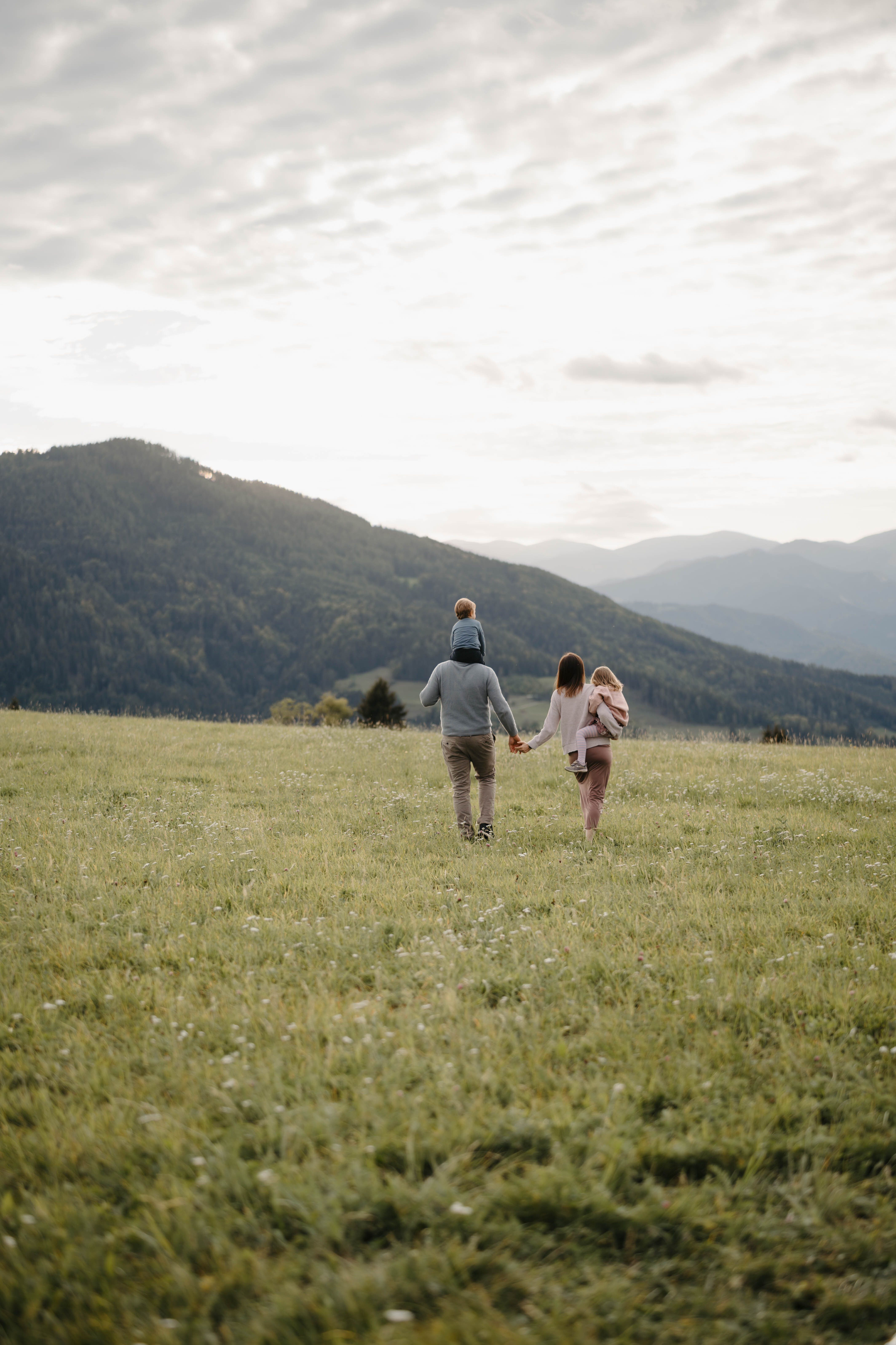 Eine vierköpfige Familie spaziert Hand in Hand über eine weitläufige, grüne Bergwiese. Der Vater trägt ein Kleinkind auf den Schultern, während die Mutter ein weiteres Kind auf dem Arm hält. Im Hintergrund erstrecken sich bewaldete Berge unter einem leicht bewölkten Himmel. Die ruhige Naturlandschaft vermittelt eine entspannte und familiäre Atmosphäre.