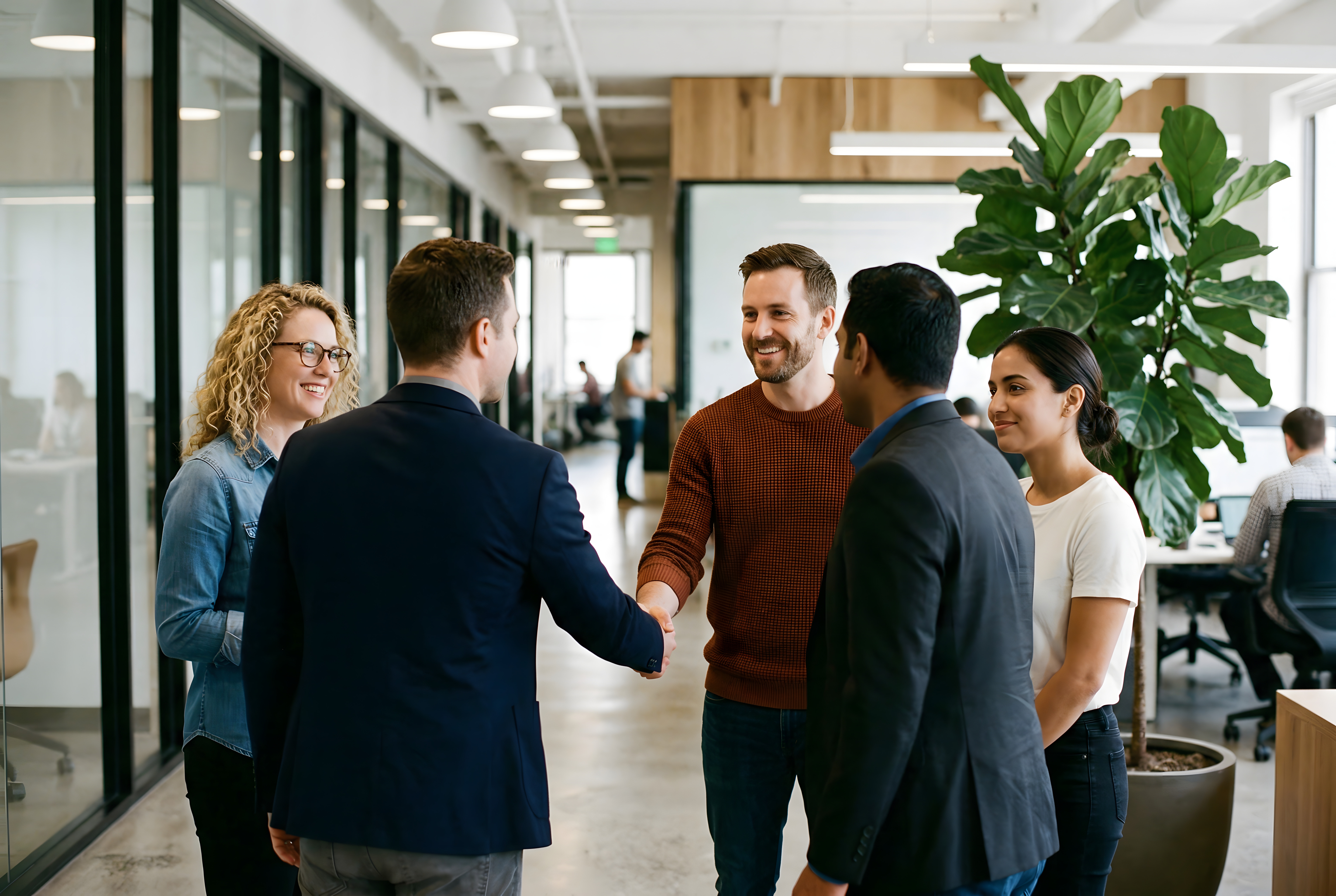Diverses Team von Mitarbeitenden in einem hellen Großraumbüro bei einer Besprechung. Zwei Personen geben sich die Hand als Symbol für eine erfolgreiche Einigung und Partnerschaft. Modernes Arbeitsumfeld, professionelle Atmosphäre, natürliches Licht.